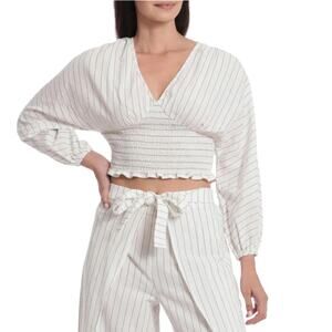 AVEC LES FILLES Stripe V-Neck Smocked Cropped Top Size L NWT $79